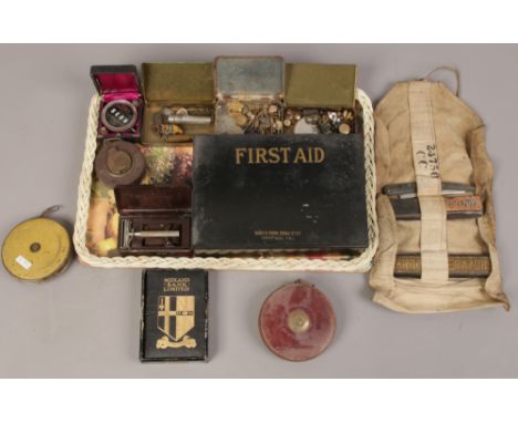 A tray of collectables to include cased Hardings improved counter, razors, pocket knife, whistle, Boots first aid box with co