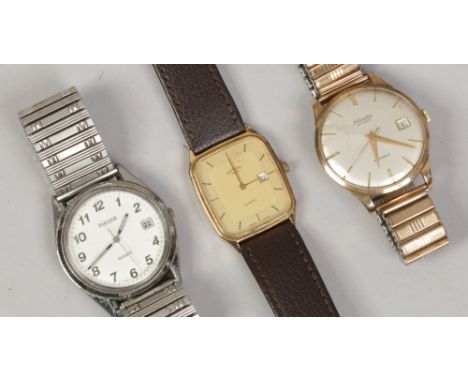 A 9ct gold Nivada automatic wristwatch head on stainless steel expanding strap, along with two quartz wristwatches, Rotary an