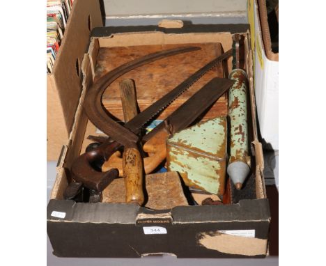 A box of vintage tools, painted brass garden sprayer, various spanners, mallet and planes etc. 