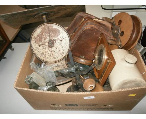 box inc scales, vintage bottles and leather cased tape measure etc