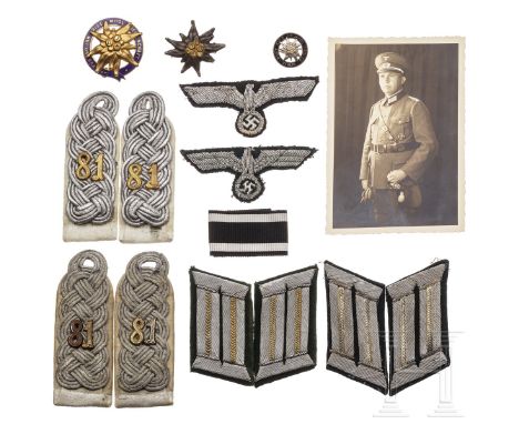 Nachlass Major Kissling - doppelter Satz Effekten der Infanterie, Portraitfoto in Uniform sowie drei Abzeichen des Alpenverei