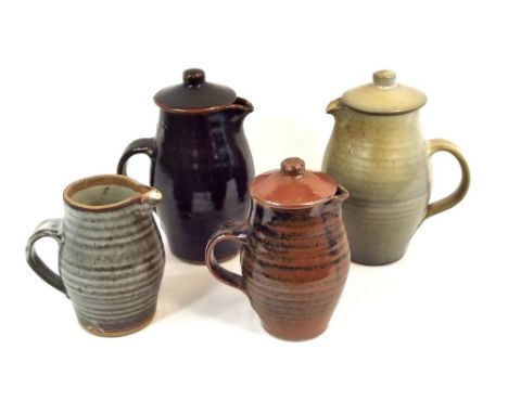 LEACH STANDARD WARE.
Three lidded coffee pots/soup jugs & one other without lid. Pottery marks. Minor faults and/or damage to