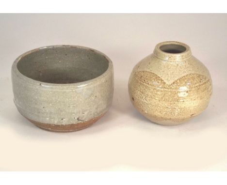 LEACH POTTERY.
A Leach Pottery globular vase with unidentified personal mark ('RR' back to back) & a bowl by Ian Steel with p