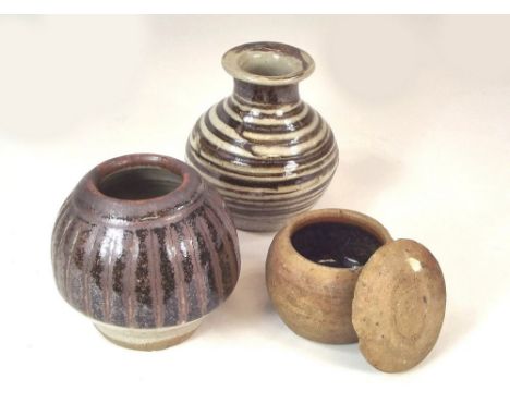 LEACH POTTERY.
Two Leach Pottery small vases & a small lidded pot each with unidentified personal monogram of 'JM' or 'MJ'. A