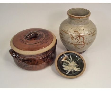 JOHN DAVIDSON ETC.
A lidded tureen & a small Truro Pottery dish by John Davidson & a vase signed 'G. R. Allen'? Height 26cm. 