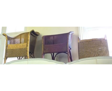Two Lloyd Loom chairs, a linen stool and a standard lamp