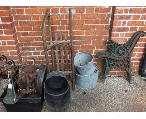 Various items including aluminium buckets, coal scuttle, scales, lamp, wooden sleigh, bench ends etc