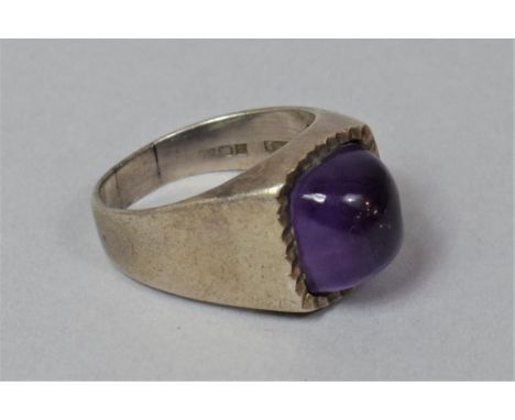 A Vintage Silver Modernist Ladies Dress Ring with Cabochon Cut Amethyst Stone, Size R 