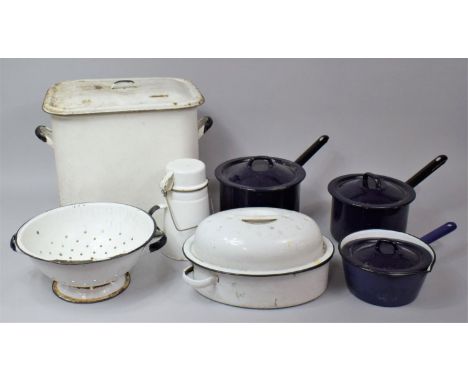 A Collection of Vintage Enamel Wares to Include Cooking Pans, Saucepans, Milk Jug, Bread Bin 