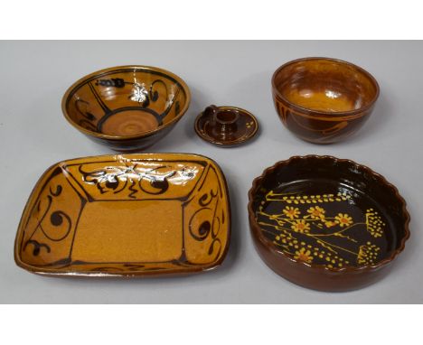 A Collection of Various Treacle Glazed Studio Pottery to comprise Bedchamber Stick, Bowls, Etc, Some with Makers Stamps to Ba