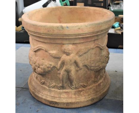 A Modern Cast Terracotta Circular Patio Planter Decorated in Relief with Swags and Cherubs, 44cm Diameter 