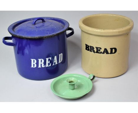 A Blue Enamelled Bread Crock together with an Enamelled Swedish Bedchamber Stick and a Stoneware Breadcrock (No Lid) 