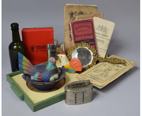 A Tray of Vintage Sundries to include Barclays Bank Money Box, Vintage Maps, English Pewter Hip Flask, Vintage Oswestry Bottl