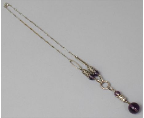 A 19th Century Silver Necklet, Unmarked but Testing for Silver and Having Amethyst Droppers 