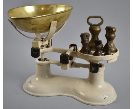 A Set of Boots White Enamelled Kitchen Scales with Brass Pan and Bell Weights 