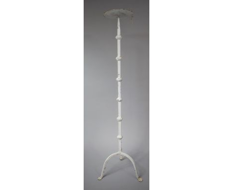 A Tall White Painted Wrought Iron Candle Pricket on Tripod Stand, 102cm high 