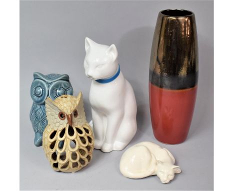 A Modern Ceramic Two Tone Vase, Owl and cat Ornament 