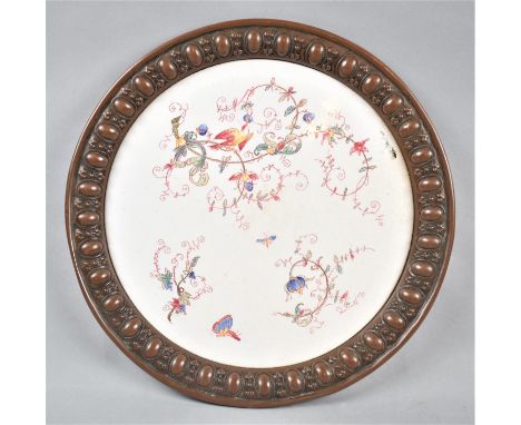 A Copper Bordered Ceramic Circular Tray with Floral, Bird and Insect Decoration, 31cm Diameter 