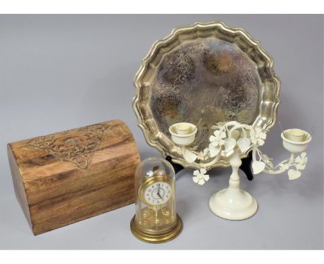 A Wooden Casket, Two Branch Candelabra and a Small Pedestal Clock 