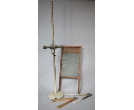 A Vintage Glass Washboard, Washing Tongs and Wooden Posser 