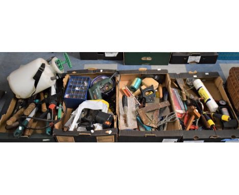 Four Boxes of Various Hand and Workshop Tools, Electric Drill, Foot Pump etc 