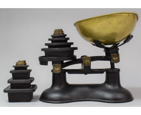 A Set of Modern Kitchen Scales with Brass Pan and Set of Weights 