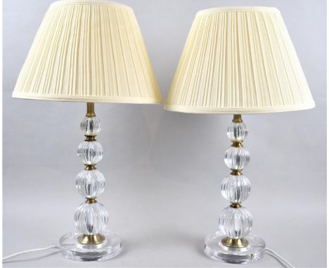 A Pair of Perspex and Brass Bobbin Table Lamps, Both with Shades, 50cm high 