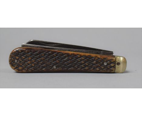 A Vintage Bone Handled Two Bladed Pocket Knife with Chequered Bone Grip, One Blade Inscribed Real Lamb Foot 