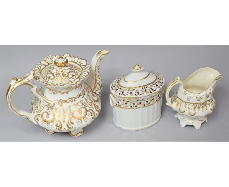 An Early Victorian Gilt and White Teapot, Oval Coalport Sucrier with Lid C.1805 and Caughley White and Gilt Cream Jug c.1780 