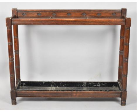 A Late 19th Century/Early 20th Century Brass Mounted Oak Six Division Stick Stand with Metal Drip Tray, 91cm x 20cm x 73cm hi