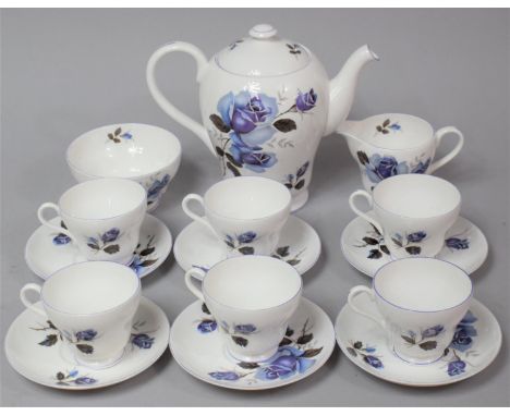 A Shelley Blue Rose Coffee Set to comprise Coffee Pot, Milk Jug, Sugar Bowl, Six Coffee Cans and Saucers 