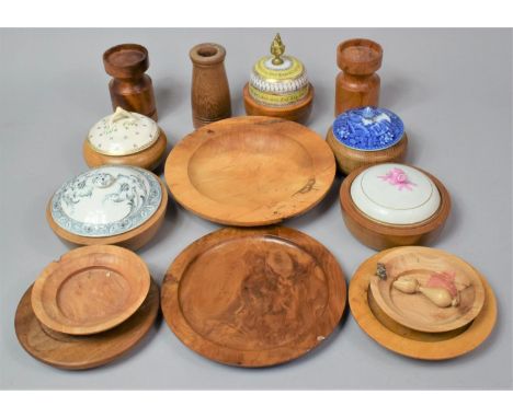 A Collection of Treen Bowls with 19th century and Later Ceramic Lids 