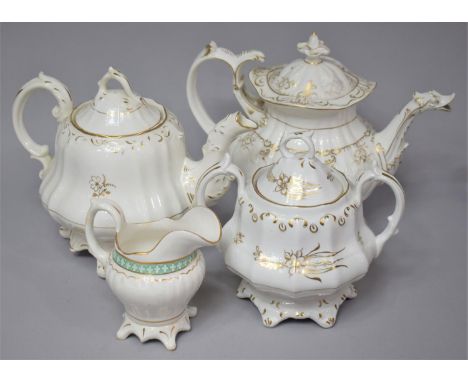 A Collection of Early/Mid 19th Century White and Gilt Teapots Together with Sucrier and Cream Jug, Some Condition Issues 