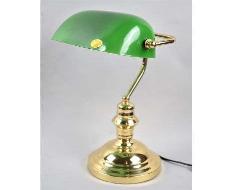 A Modern Reproduction Brass Base Desktop Reading Lamp with Green Glass Shade 