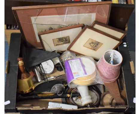 A Box of Sundries to Include Pictures and Prints, Bells Whisky Bottle (Empty), Pepper Grinder etc 
