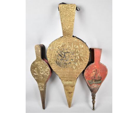 A Collection of Three Vintage Brass Mounted and Studded Bellows, Largest 65cm long 