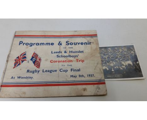 RUGBY LEAGUE, programme for Leeds &amp; Hunslet Schoolboys' Coronation Trip to the Rugby League Cup Final at Wembley, 8th May