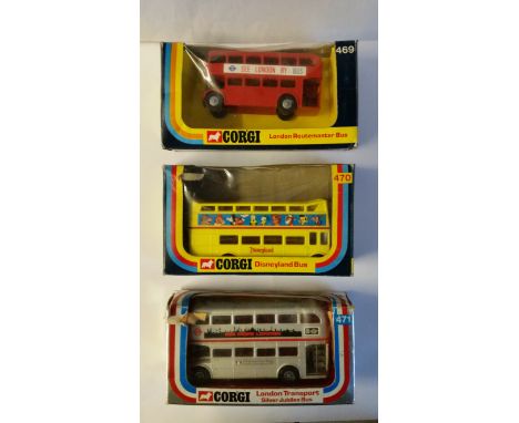 TOYS, double-decker buses, inc. London Transport (two) &amp; Disneyland by Corgi 469, 470 &amp; 471 mixed colours each boxed,