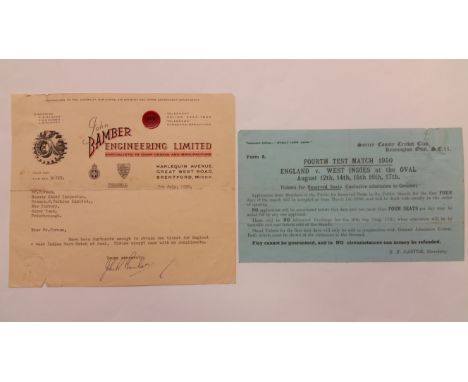CRICKET, England v West Indies selection, inc. ticket for The Oval (Aug 1950), with cover letter to recipient of ticket; 1963
