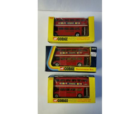 TOYS, double-decker buses, each for London Transport with Outspan oranges adverts, each red by Corgi 468, each boxed (two sty