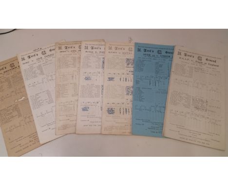 CRICKET, scorecards for WWII matches, inc. 1943 (6), Army v Civil Defence, Middlesex v Essex, Kent v Surrey; 1944 (3), Englan