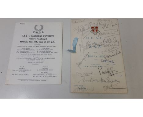 ATHLETICS, programme &amp; dinner menu for AAA v Cambridge University (1935), previously the property of Don Finlay, menu mul
