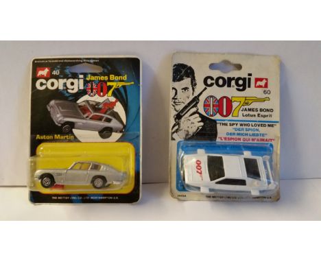 CINEMA, James Bond toys, Lotus Esprit (The Spy Who Loved Me) &amp; (Aston Martin), by Corgi 40 &amp; 60 in blister packs, VG,