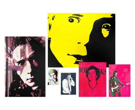 Sex Pistols Pop Art. Three acrylics on canvas and a selection of prints, all are indistinctly signed, apart from one of the p