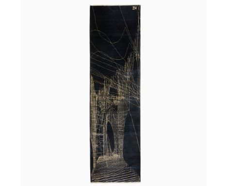 Afghanistan, ContemporaryHaving an abstract line pattern in buff on a charcoal field. Monogrammed ZH for Zaha Hadid, who desi