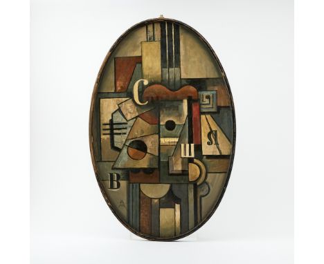 A.M. Cassandre for Galeries Barbes, Paris, early 20th centuryOval, with stylized musical theme. Length 23 inches, width 15 in