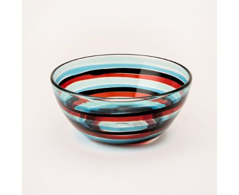 Circa 1953Of circular form, in colorless glass, decorated with twelve repeating colored horizontal bands, in aqua green, turq
