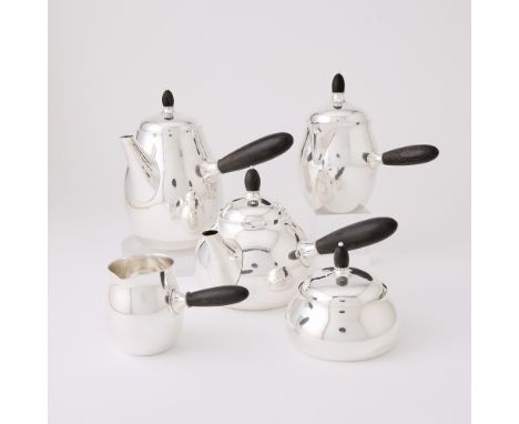 Designed by Georg Jensen, pattern no. 80, post-1945Comprising a coffee pot, no. 80 B; teapot, no. 80 A; hot milk jug, no. 80 