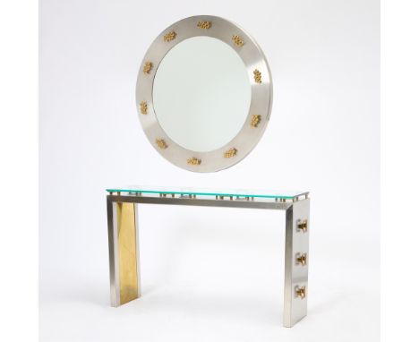 Height of console 33 inches, length 54 inches, depth 14 inches; diameter of mirror 45 1/2 inches.No condition report? Click b