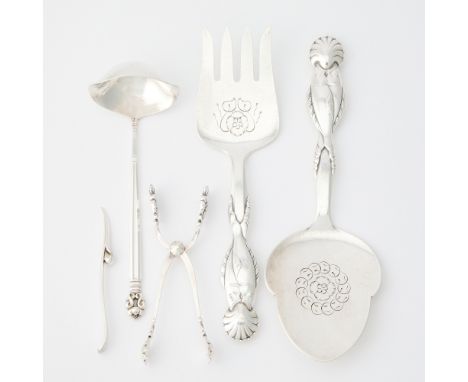 Pattern no. 55, 20th centuryComprising a fish serving fork and knife; Together with a Georg Jensen Sterling Silver Acorn Patt